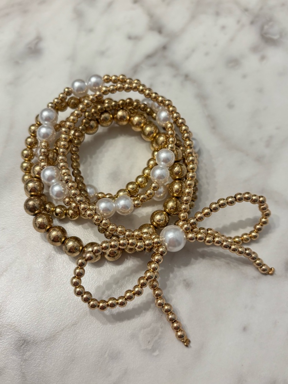 Gold and Pearl Beaded Stretch Bracelet Set with Bow